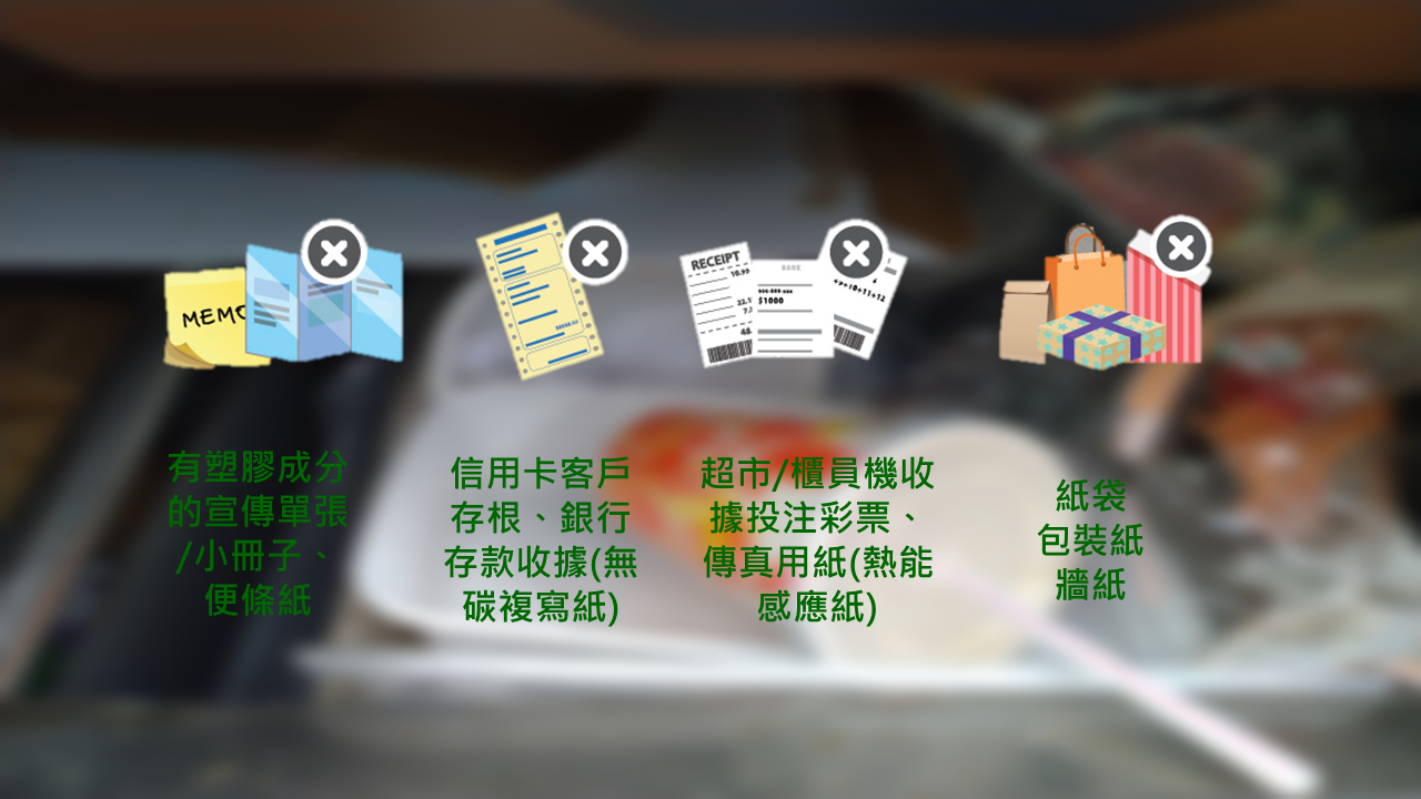 有塑膠成分的宣傳單張/小冊子、便條紙；信用卡客戶存根、銀行存款收據(無碳複寫紙)；超巿/櫃員機收據投注彩票、傳真用紙(熱能感應紙)；紙袋包裝紙牆紙